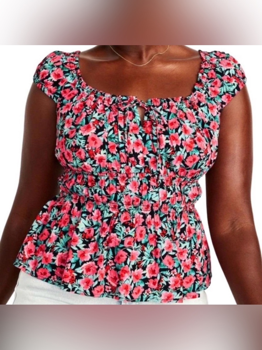 Old Navy Floral Smocked Peplum Cap Sleeve Tie Front Top XL summer lightweight